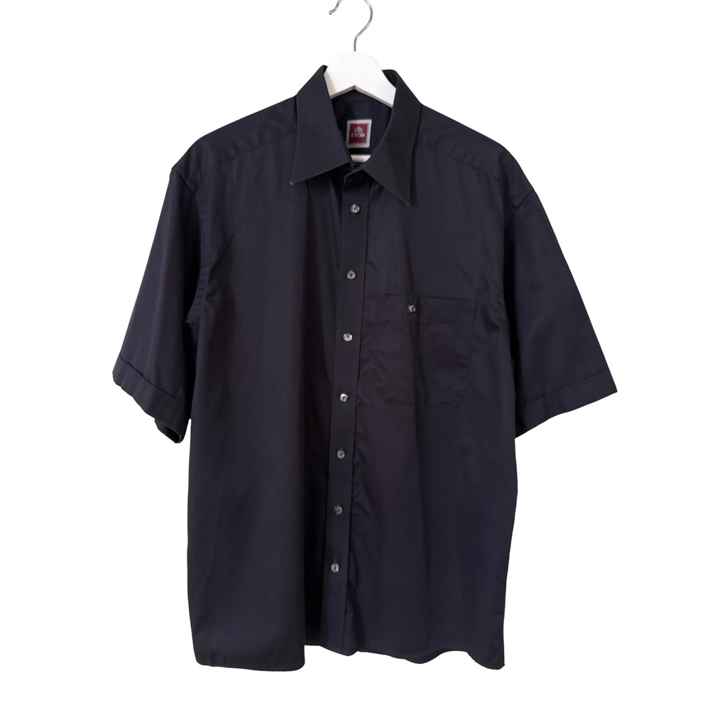 Eton of Sweden Mens Short Sleeve Button Down Shirt Navy Blue Cotton Size 16.5 42